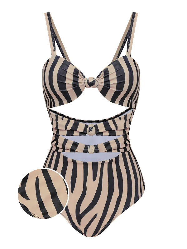 Brown Zebra Print Cutout One-Piece Swimsuit