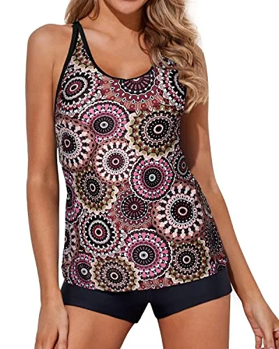 Tummy Control Tankini Swimwear Shorts For Women-Brown Print