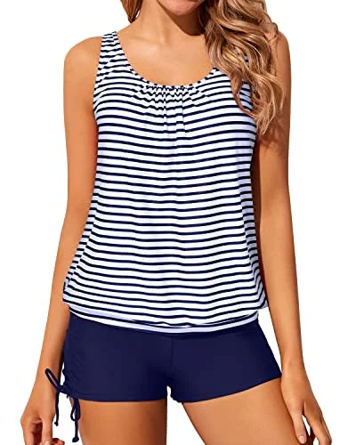 Loose Fitting Blouson Tankini Swimsuits For Women Tops Boyshorts-Blue White Stripe