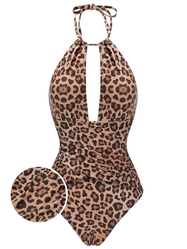 Brown 1930s Leopard V-Neck Halter Swimsuit