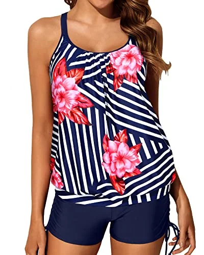 Full Coverage Drawstring Boyleg Bottom Womens Blouson Tankini Swimsuits-Blue Floral