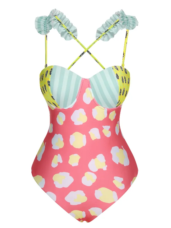 Multicolor 1950s Cartoon Patchwork Swimsuit