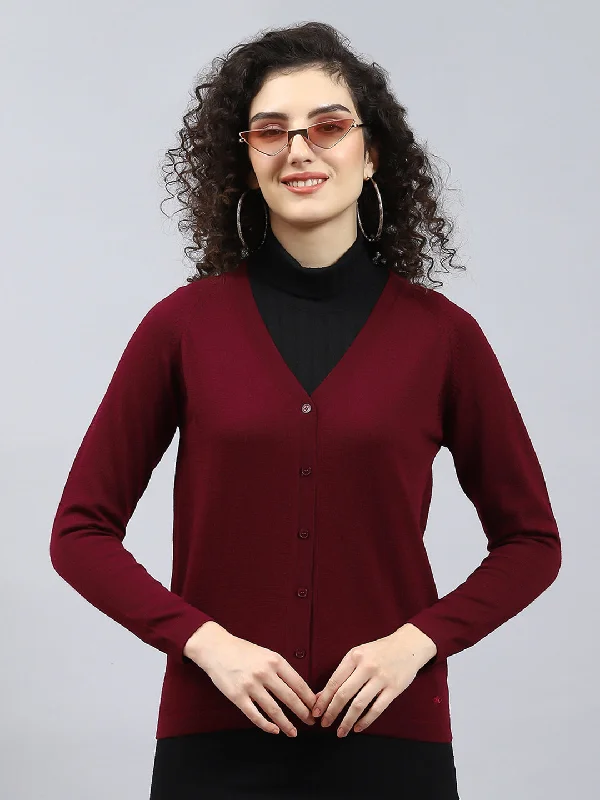 Women Maroon Solid V Neck Full Sleeve Cardigan