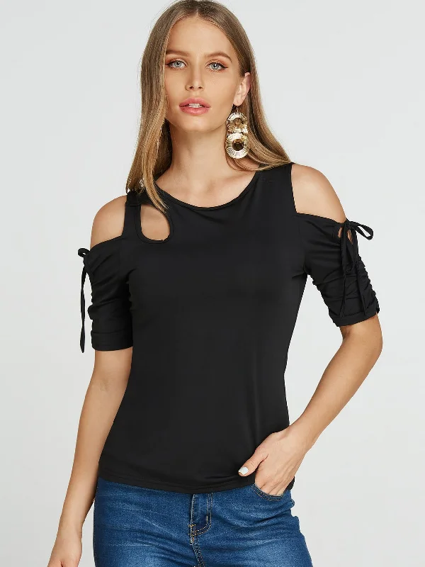 Custom Cold Shoulder Plain Cut Out Pleated Tie-Up Short Sleeve Black T-Shirts