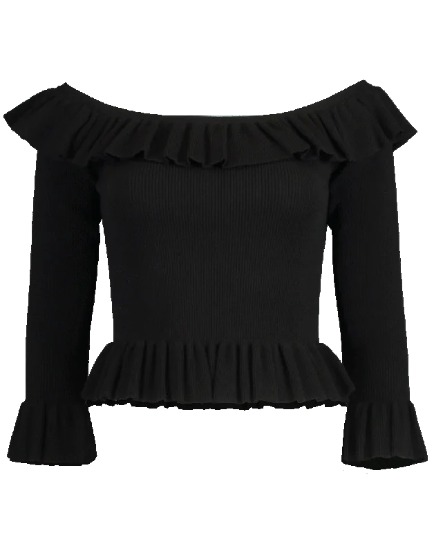 Viscose Ribbed Ruffle Off The Shoulder Top