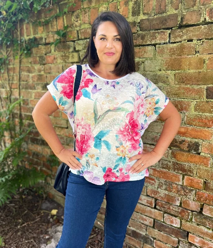 White Floral Print Cap Sleeve Top