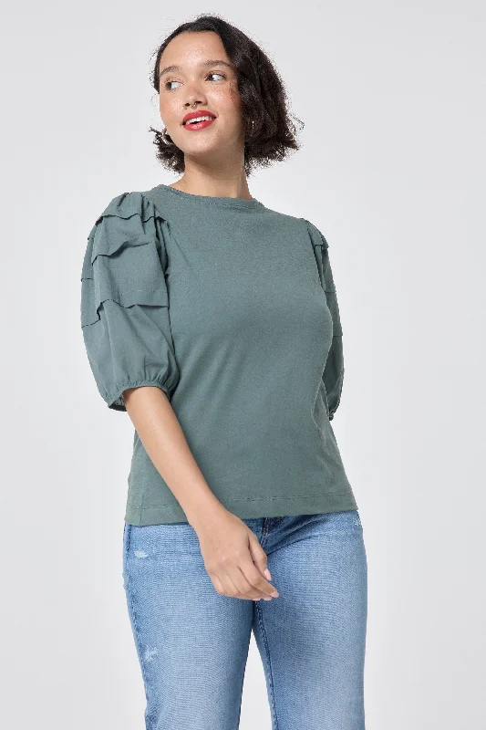 Khaki Pintuck Sleeve T-Shirt