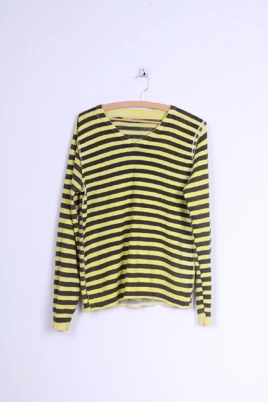 Emergie Womens  M Jumper Yellow Brown Striped V Neck Sweater