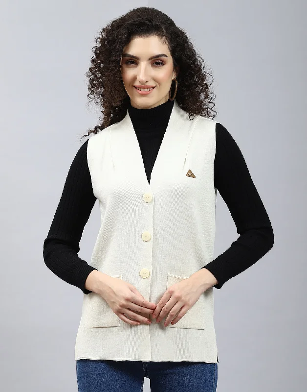 Women Off White Solid V Neck Sleeveless Cardigan