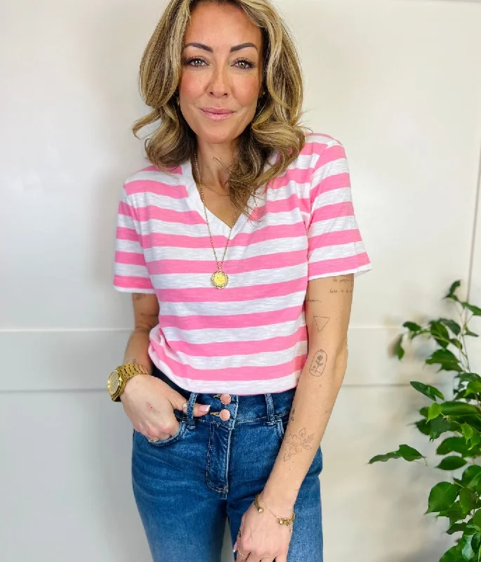 Pink Striped Cotton V Neck Tee