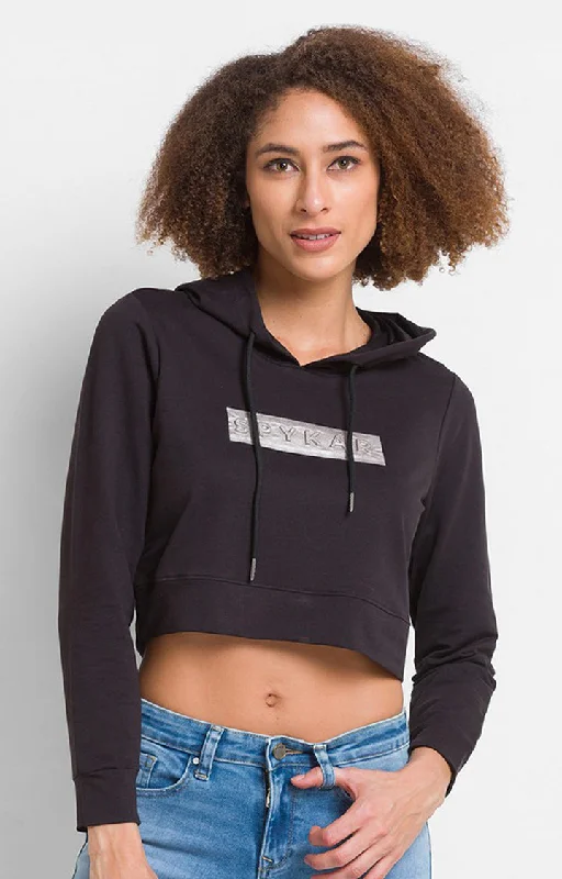 Spykar Black Cotton Blend Full Sleeve Hooded Sweatshirts For Women