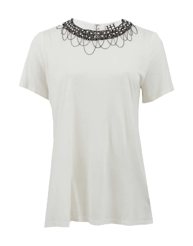 Short Sleeve Tee with Embellished Neckline