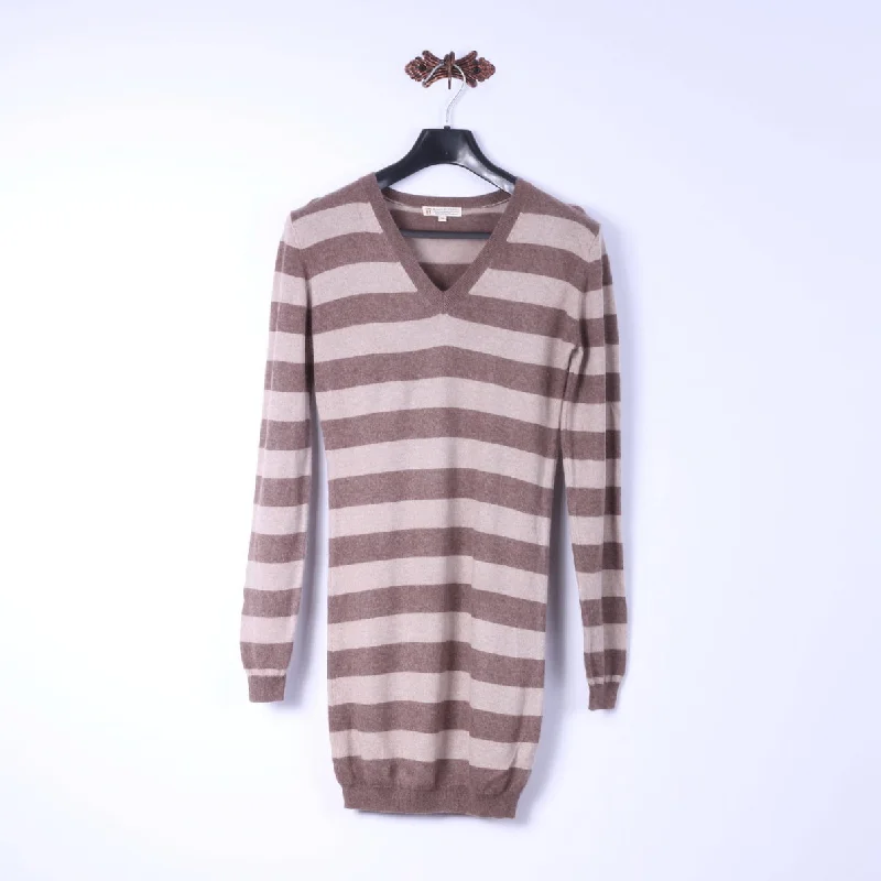 Duca Di Valtorta Womens M (S) Long Jumper Beige Striped 100% Cashmere Soft Sweater