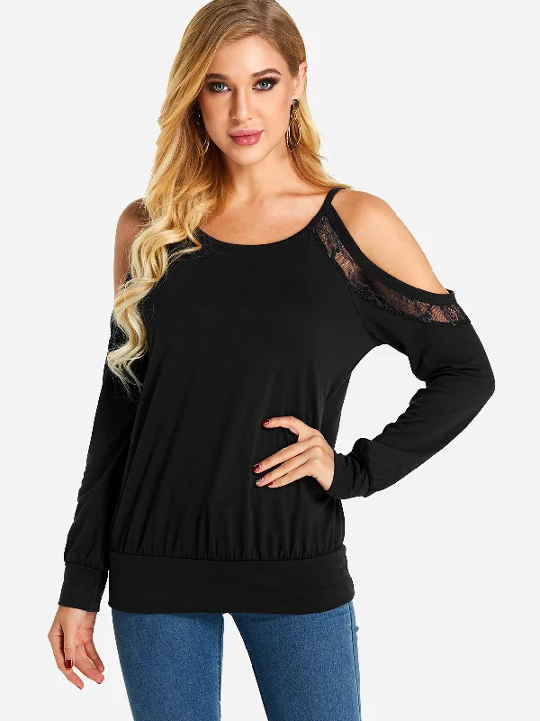 Custom Cold Shoulder Plain Lace Cut Out Long Sleeve T-Shirts