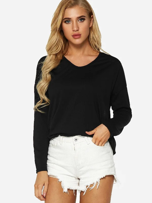 Custom V-Neck Lace Backless Long Sleeve Black T-Shirts