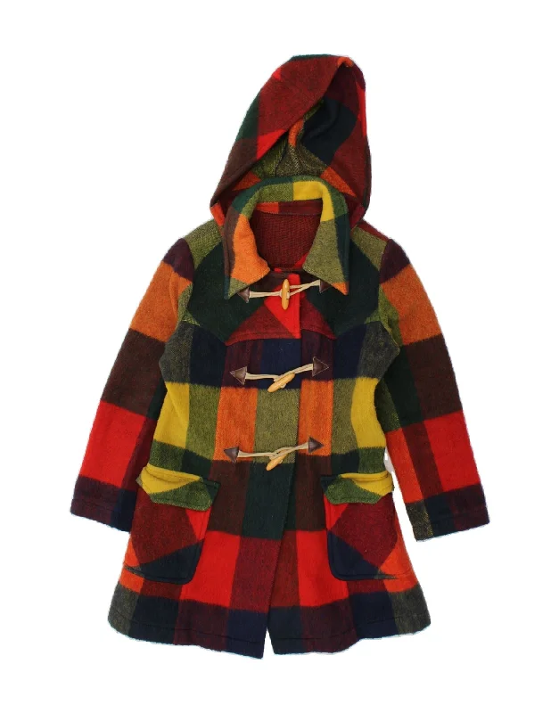 VINTAGE Womens Hooded Duffle Coat UK 14 Medium Multicoloured Check