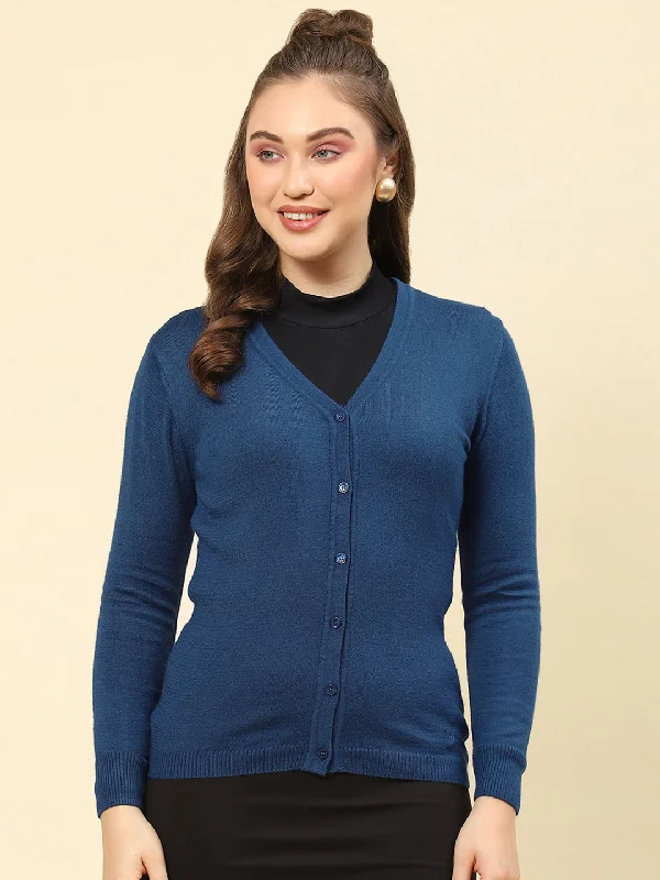 Women Teal Blue Solid V Neck Full Sleeve Cardigan