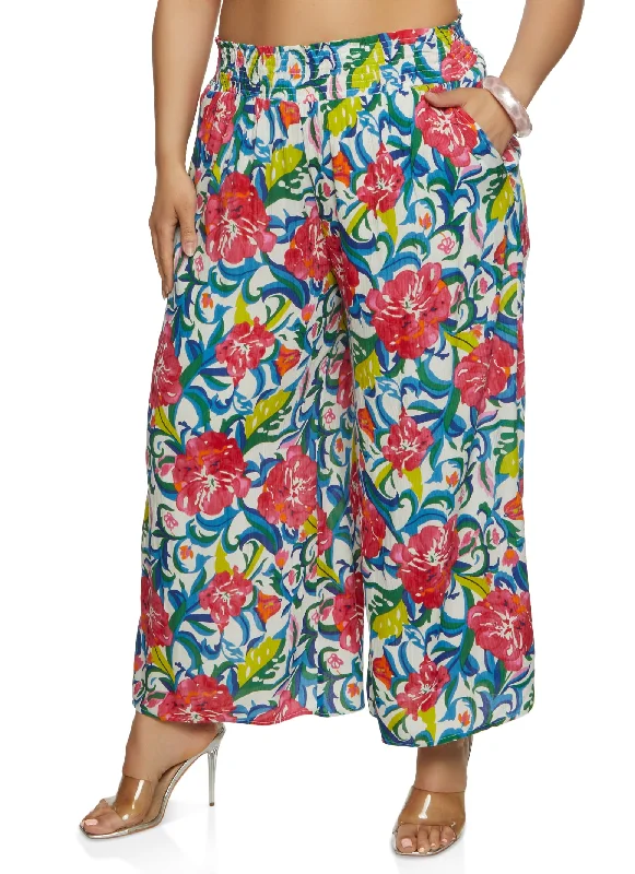 Plus Size Gauze Knit Floral Wide Leg Pants