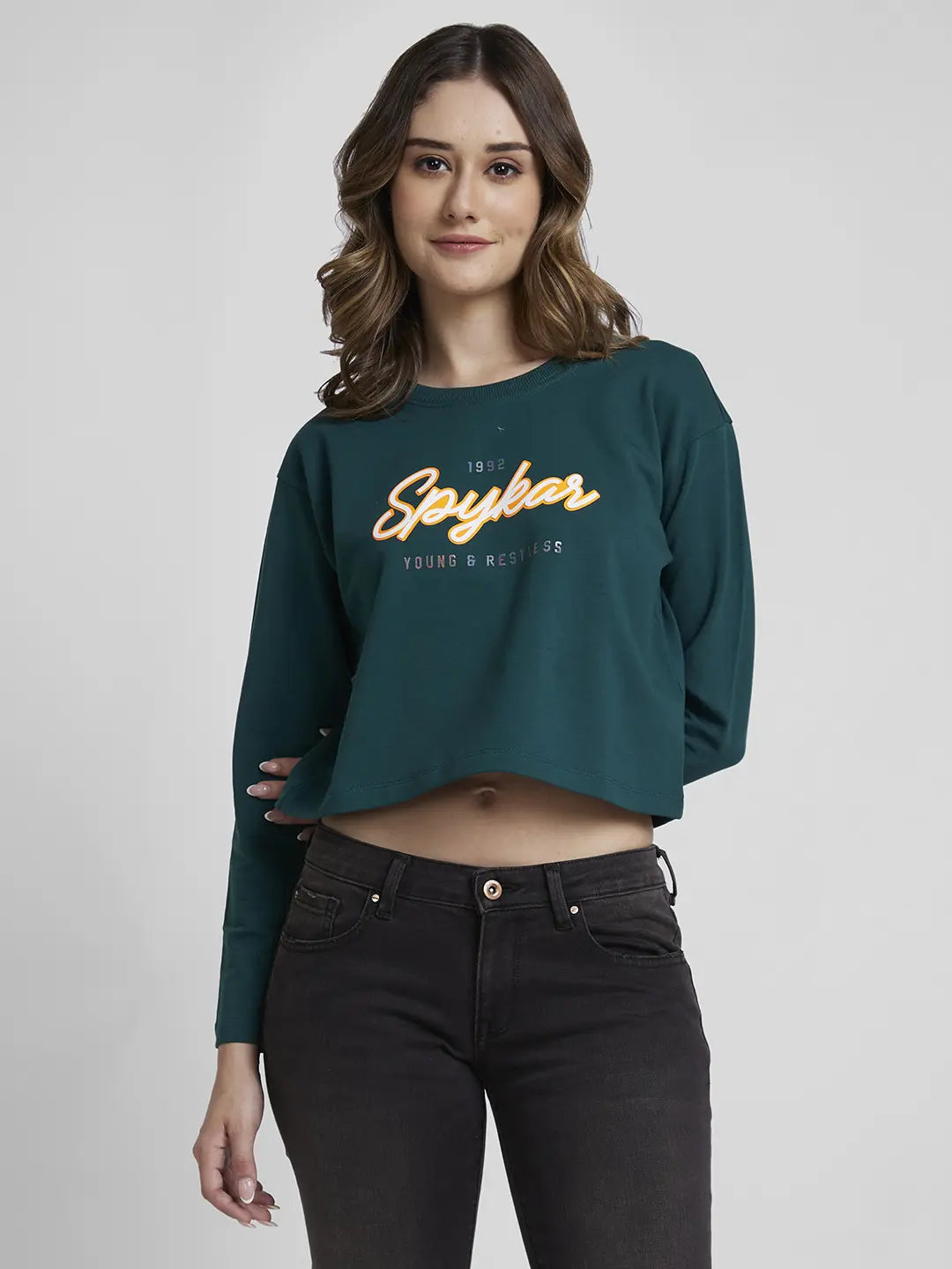 Spykar Women Marine Teal Blended Boxy Fit Round Neck Printed Crop Sweatshirt