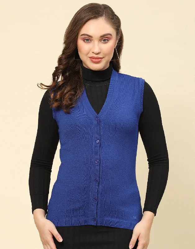 Women Blue Solid V Neck Sleeveless Cardigan