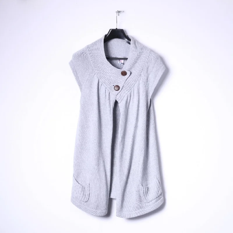 ROXY Women XL Jumper Grey Cotton Two Buttons Cardigan Short Sleeve Top