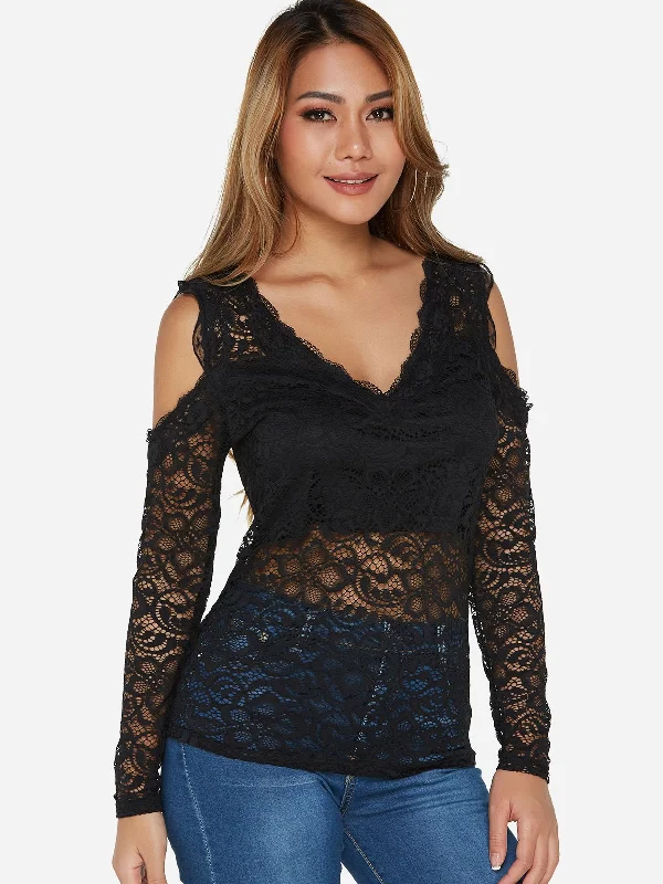 Custom V-Neck Lace Backless Hollow Long Sleeve Black T-Shirts