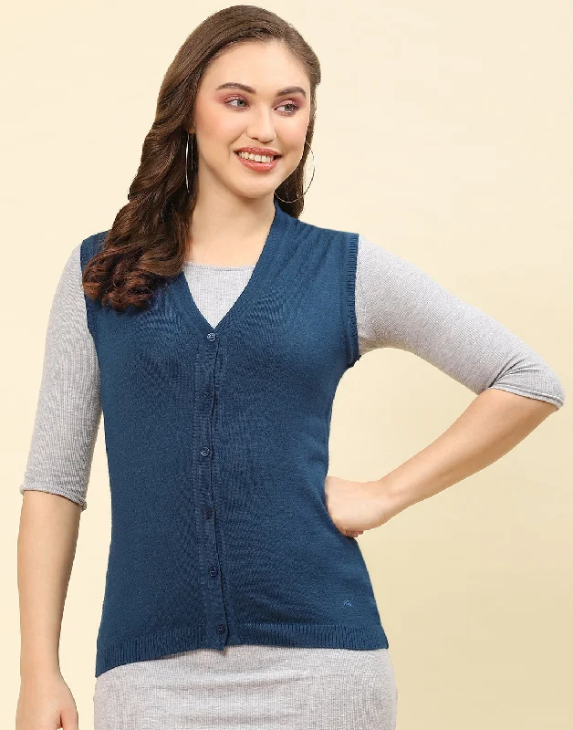 Women Teal Blue Solid V Neck Sleeveless Cardigan