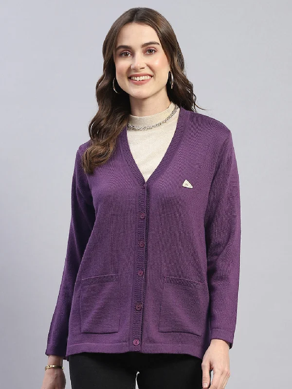 Women Purple Solid V Neck Full Sleeve Cardigan