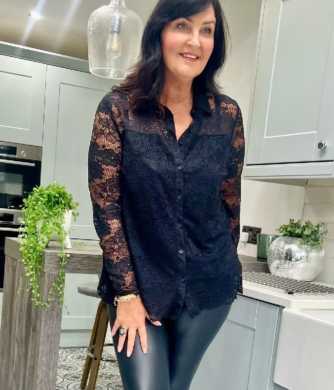 Black Lace Overlay Evening Blouse