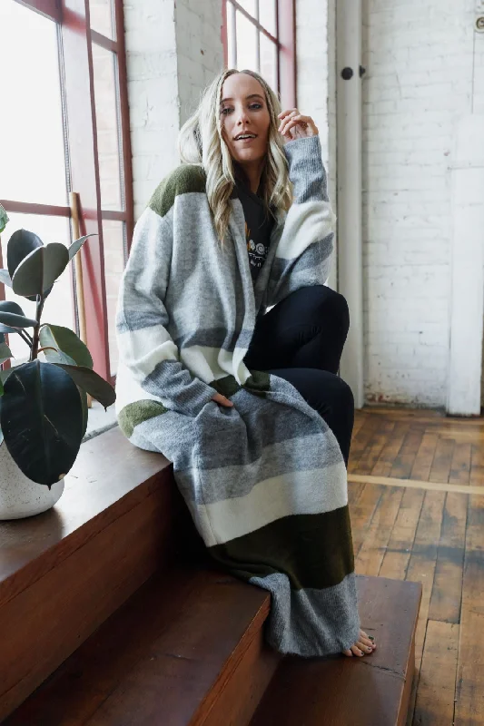 The Nest So Cozy Oversized Striped Knit Duster - Olive Multi