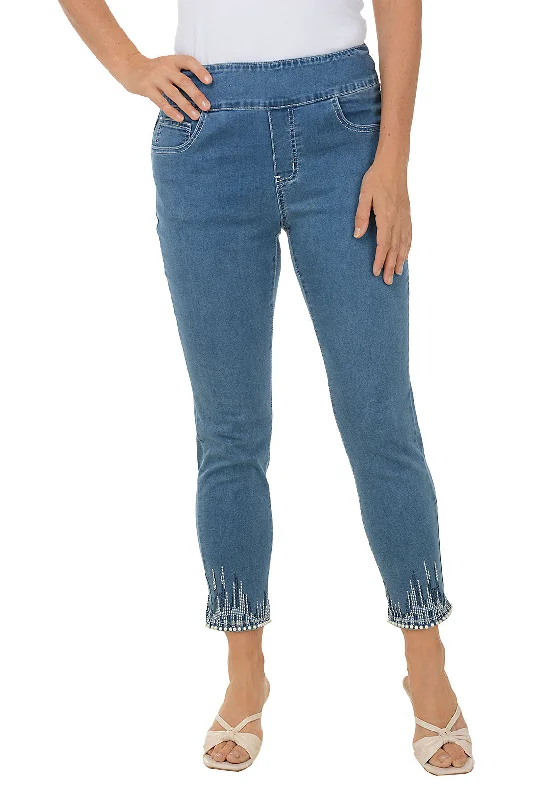 Jeweled Pearl Hem Denim Ankle Pant