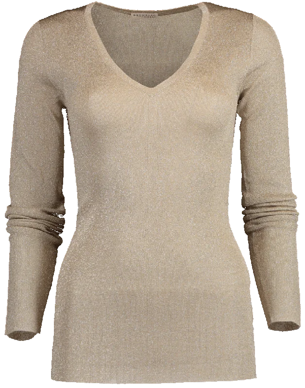 Long Sleeve Lurex V-Neck Knit Top