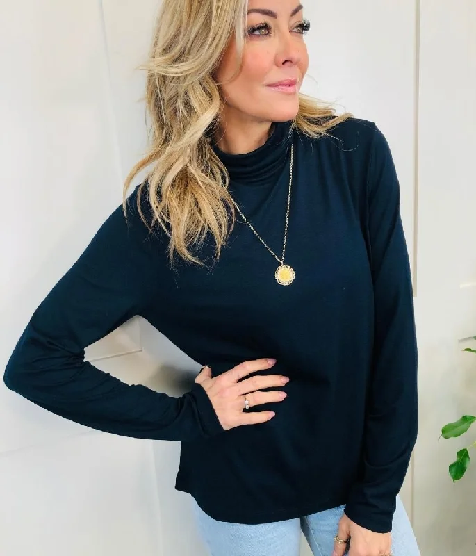 Navy Jersey Roll Neck Top