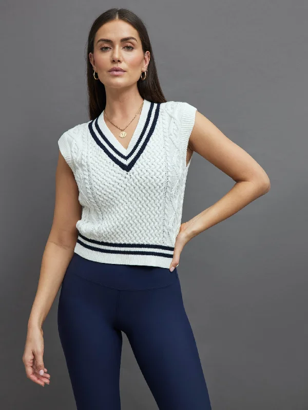 STRIPED CROPPED SWEATER VEST - IVORY W/ NAVY