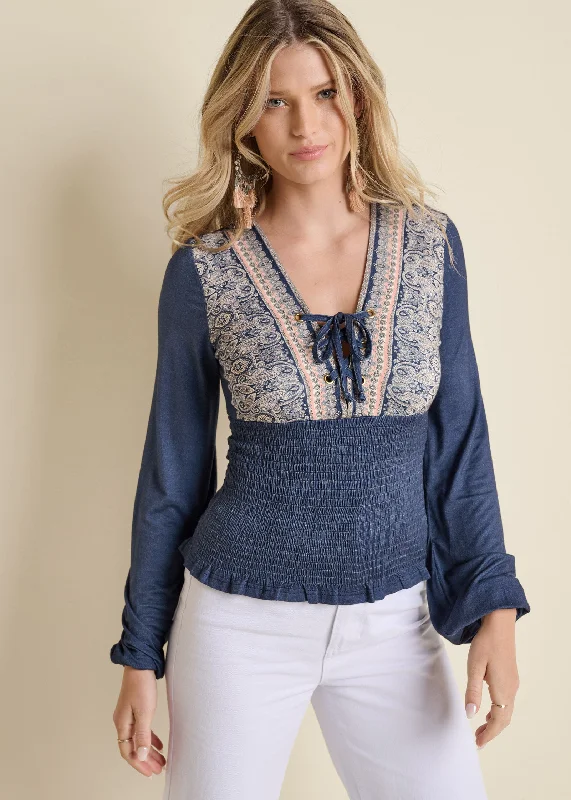 Smocked Border Print Top - Blue Multi