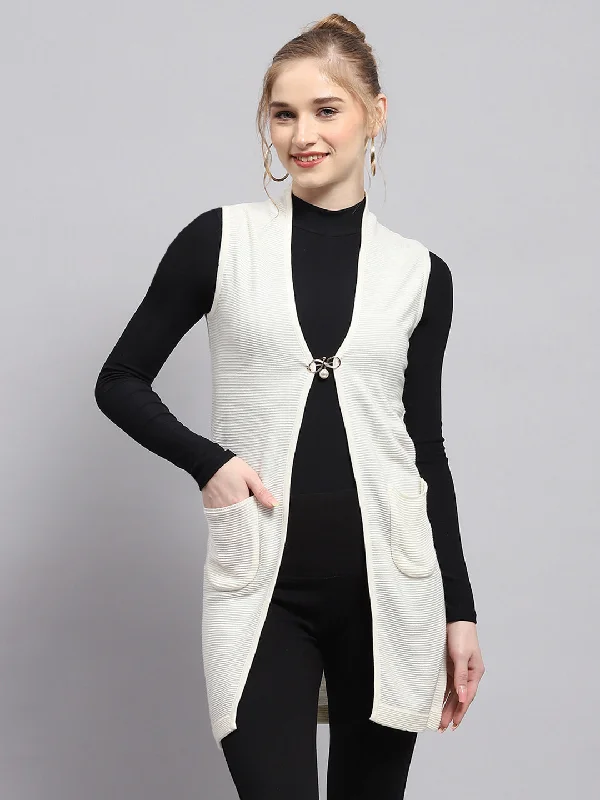 Women White Self Design Front Open Sleeveless Cardigan