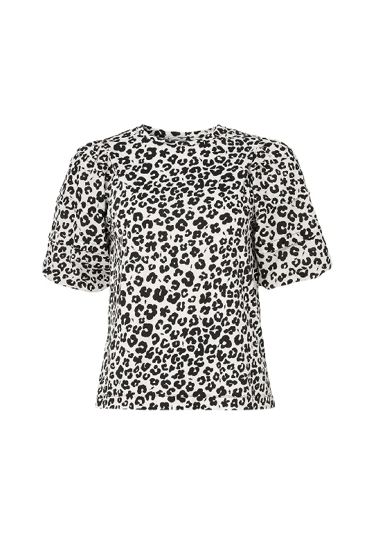 White with Black Floral Leopard Pintuck Sleeve T-Shirt