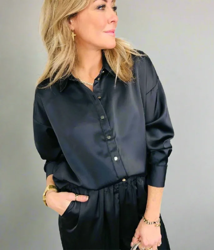 Black Rena Satin Oversized Shirt