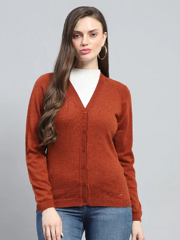 Women Rust Solid V Neck Full Sleeve Cardigan