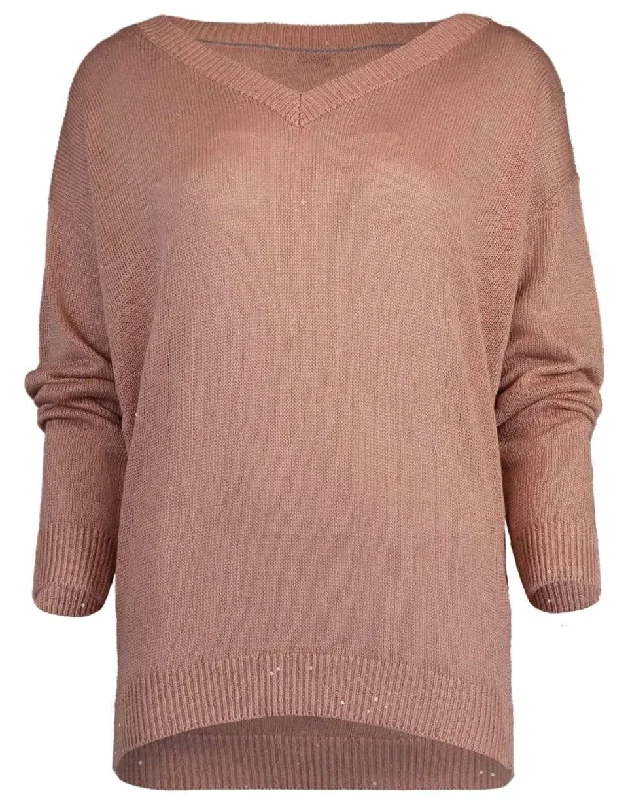 Powder Pink Paillette V-Neck Pullover Sweater