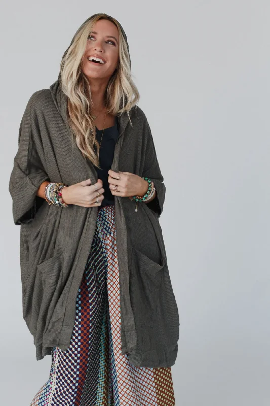 The Nest Boho Essential Hooded Ribbed Sweater - Olive