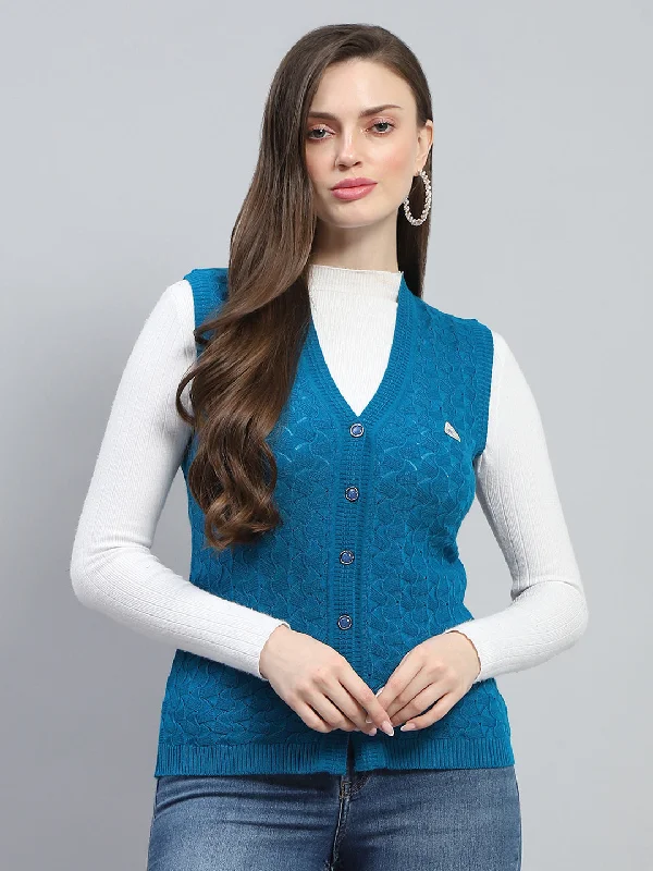 Women Sky Blue Self Design V Neck Sleeveless Cardigan