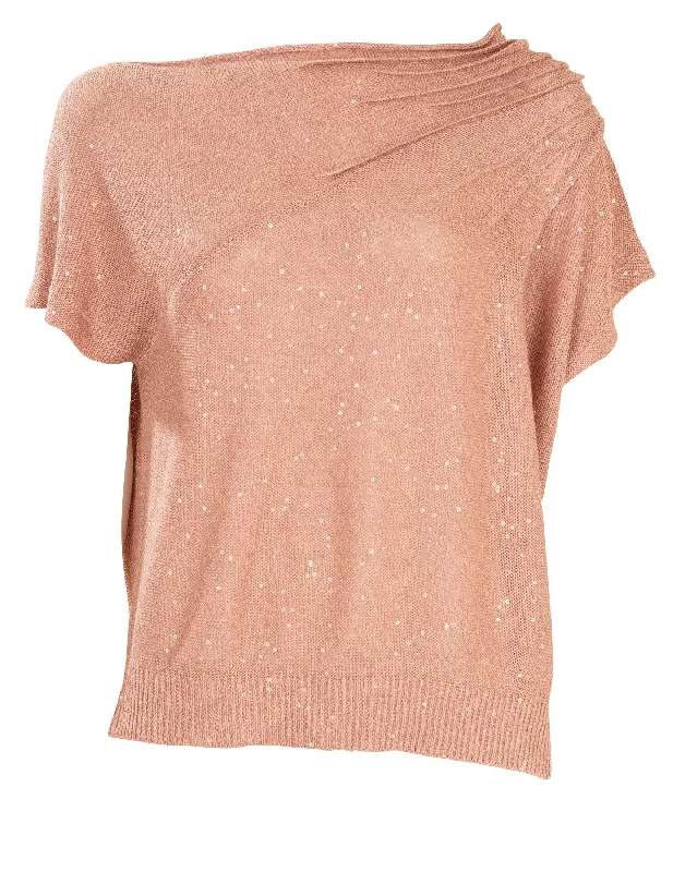 Powder Pink Pailllette Ruched Off Shoulder Knit