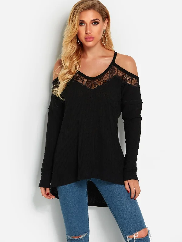 Custom V-Neck Plain Lace Long Sleeve Irregular Hem Black T-Shirts