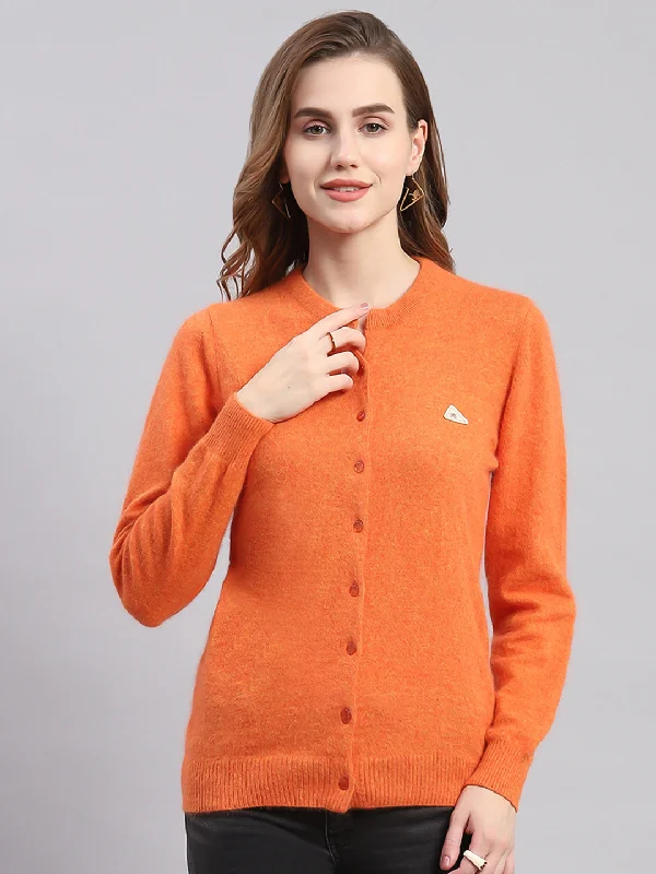 Women Orange Solid Round Neck Full Sleeve Cardigans