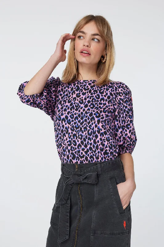 Pink with Blue and Black Shadow Leopard Puff Sleeve T-Shirt