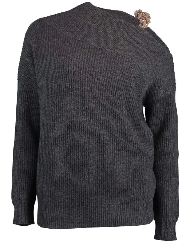 Black Stone Cashmere Ribbed Off the Shoulder Monili Knit Sweater