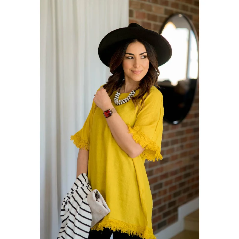 Fringe Trim Blouse - Mustard