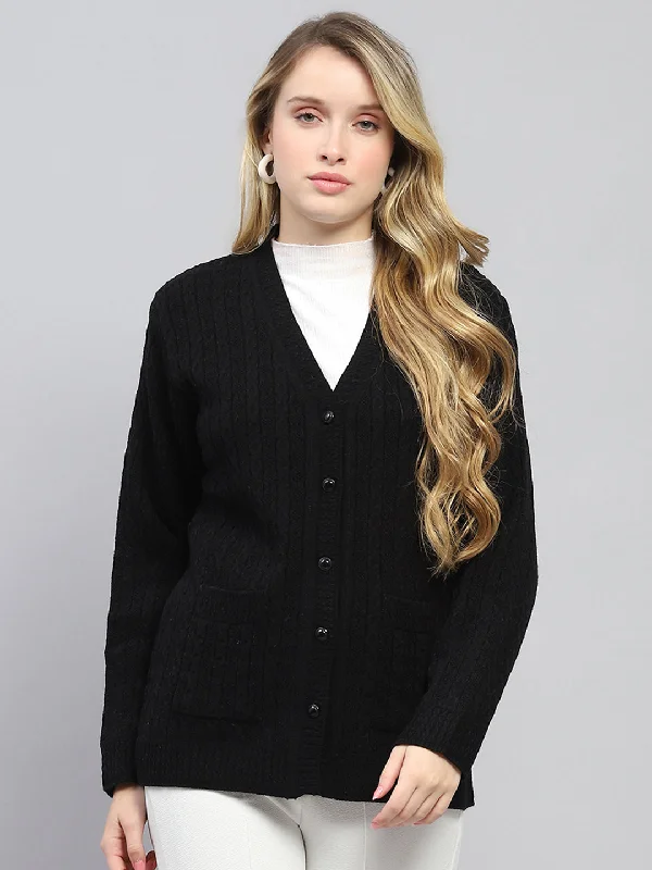 Women Black Self Design V Neck Full Sleeve Cardigan