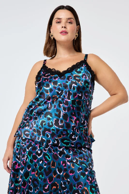 Teal with Rainbow Shadow Leopard Lace Trim Satin Cami Top